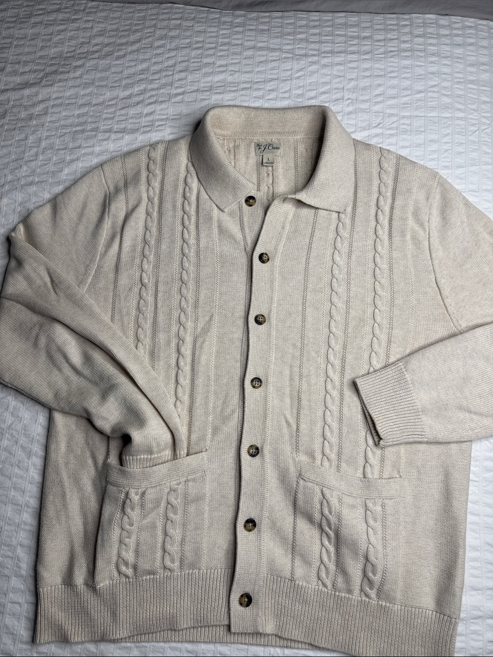 J. Crew Men's Cream Cable Knit Polo-Style Button Cardigan Size L - 100% Cotton